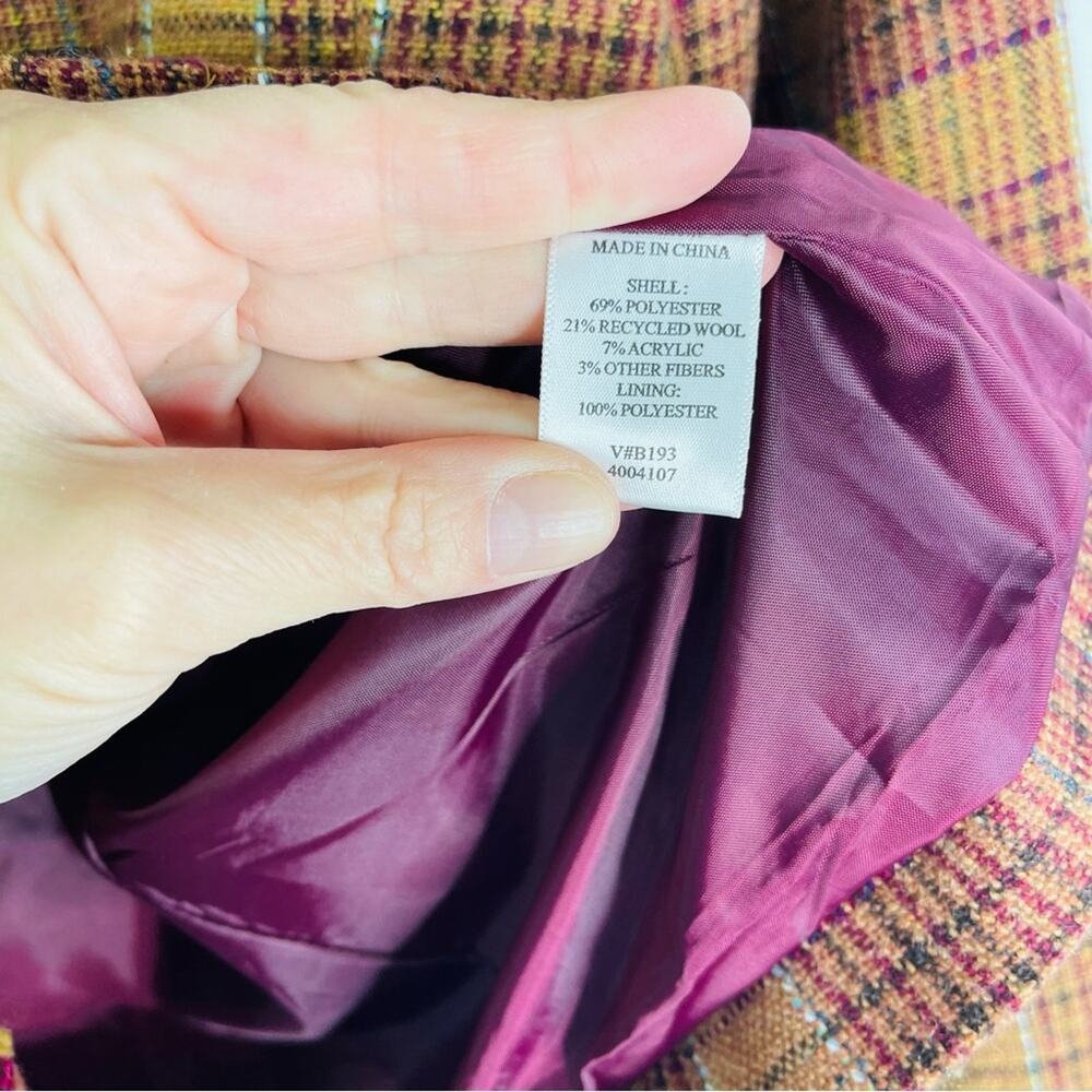 Vintage tan burgundy plaid wool preppy fringe office academia button blazer 14 - Picture 6 of 6